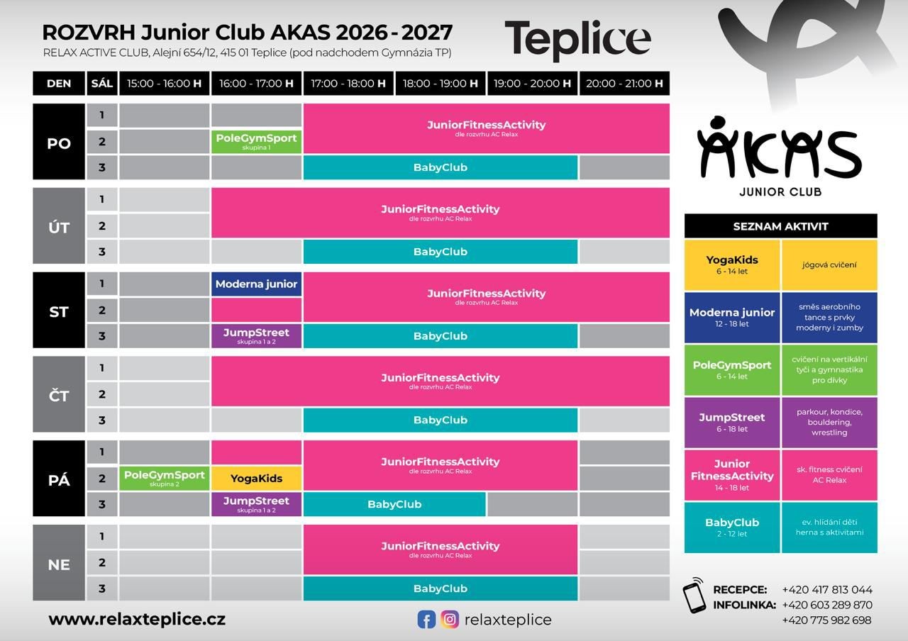 Rozvrh Junior Club AKAS 2026–2027 – Relax Active Club Teplice